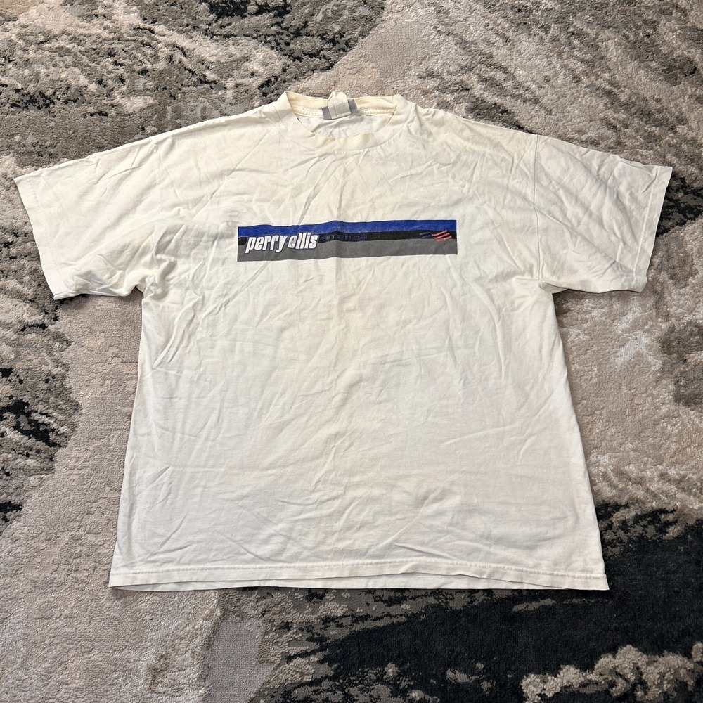 Perry Ellis America T Shirt Mens XL White Cotton Made In Usa Vtg Nascar‎ Graphic